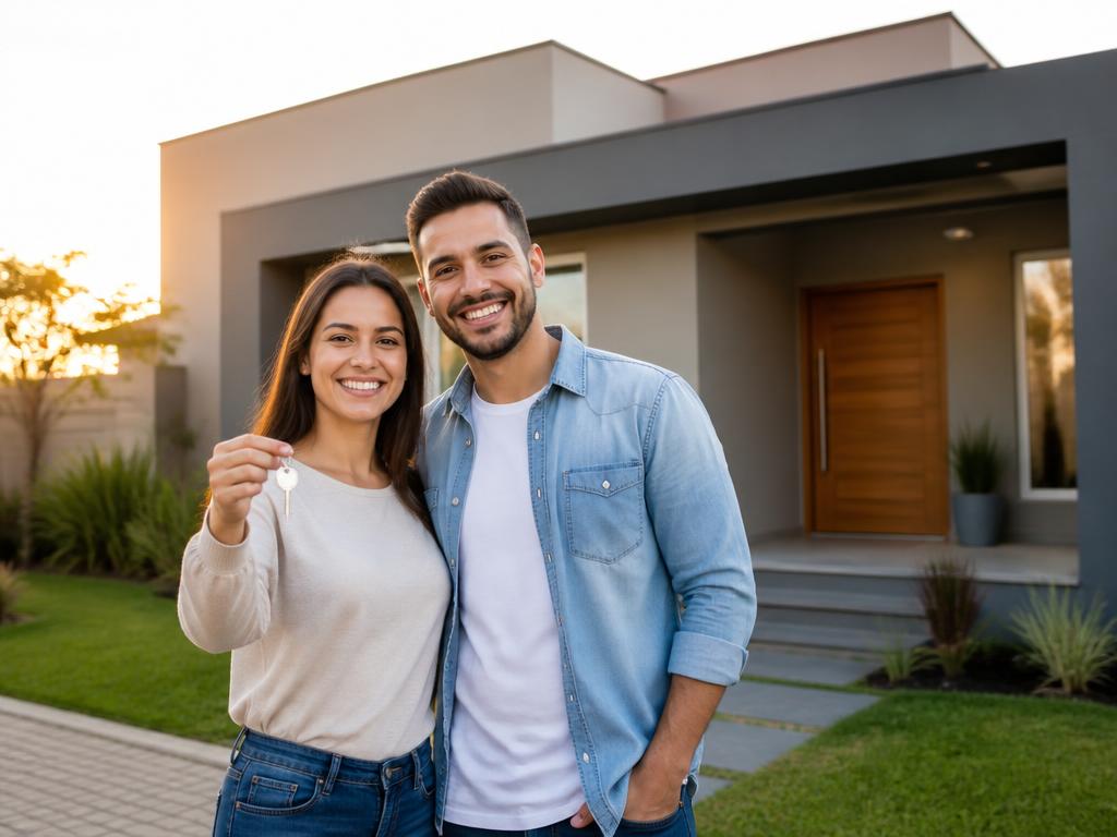 Família em frente ao imóvel conquistado com financiamento imobiliário